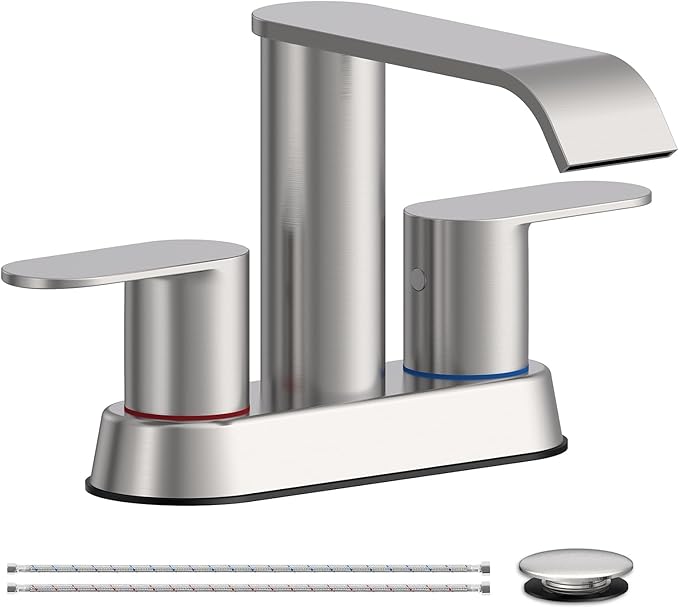 Waterfall Bathroom Sink Faucet Brushed Nickel 4 Inch Centerset Two Handle Stainless Steel Modern Bathroom Faucets with Pop up Drain Supply Hose for Vanity RV 2 or 3 Hole Sink