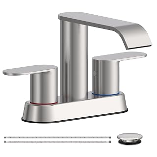 Homevacious Waterfall Bathroom Sink Faucet Brushed Nickel 4 Inch Centerset Two Handle Stainless Steel Modern Bathroom Faucets with Pop up Drain Supply Hose for Vanity RV 2 or 3 Hole Sink - Amazon product rated Grade A
