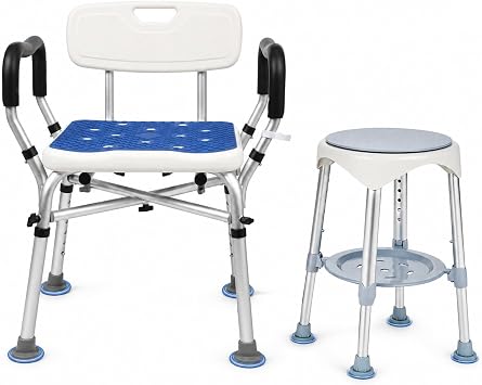 Upgrade Shower Chair for Elderly and Disabled Non-Slip Silicon Pad Bariatric Shower Seat, Shower Chair for Inside Shower, Tool-Free Assembly Swivel Bath Shower Seat with Storage Tray