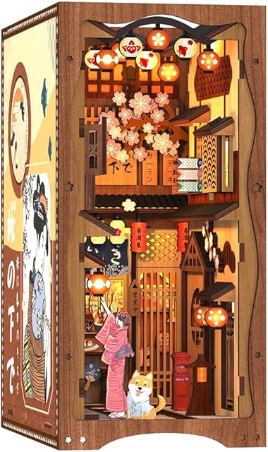 Cutefun Book Nook Kit DIY Dollhouse Sakura Densya Book Nook Bookshelf Insert Decor Alley,3D Wooden Puzzle Bookends Model Building Kit with LED Light Under the Sakura Tree (YS06)