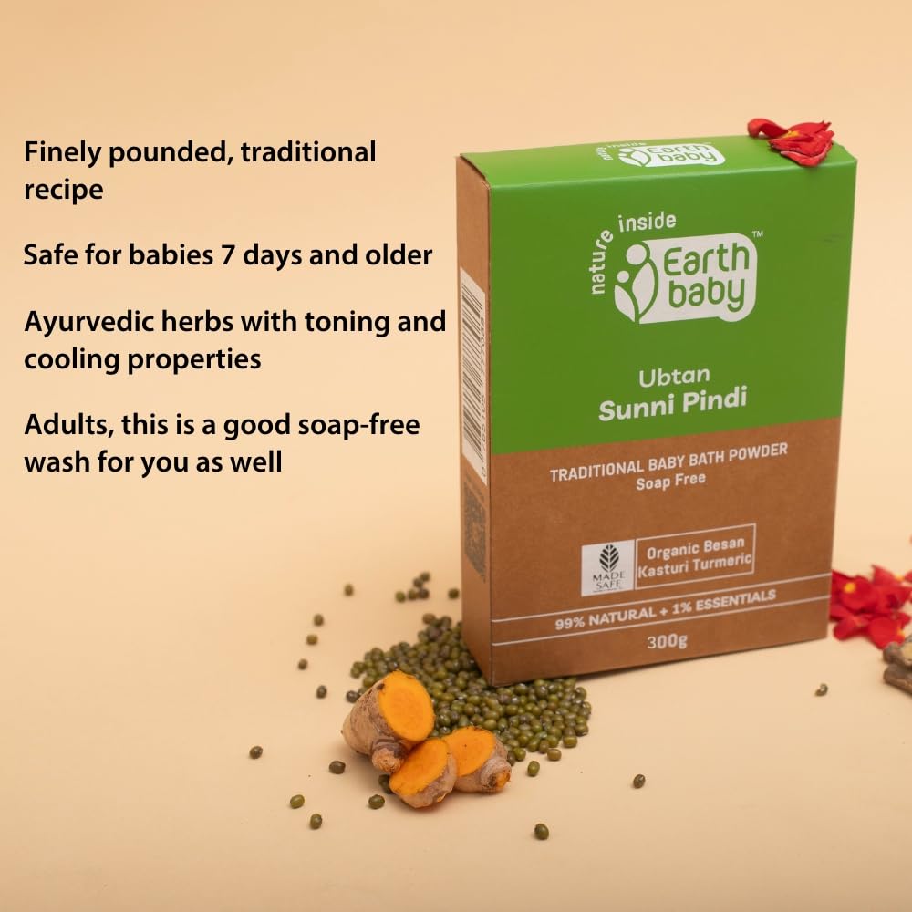 Earthbaby Ubtan Daily Baby Bath powder, inspired by traditional Sunni Pindi recipe, 99% natural, Soap-free, Ubtan for Kids, Glowing Skin | Skin Brightening & Tan Removal with Kasturi Turmeric, 300g 1