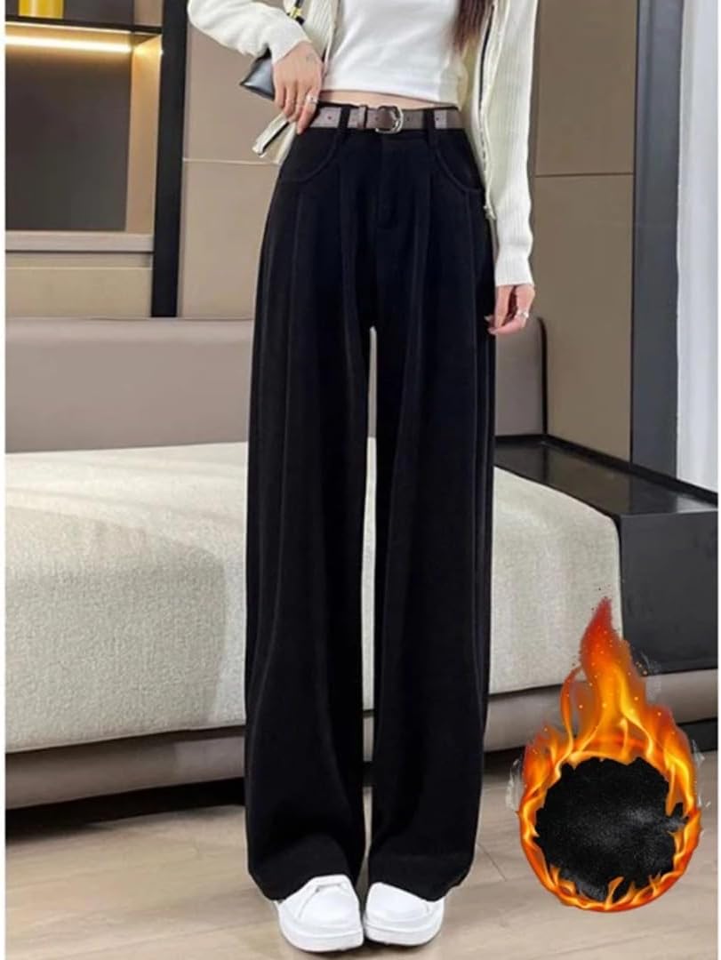 Winter Women's Fashion Snow Warm Wool High Waist Pants Women's Straight Tube Plush Warm Pants