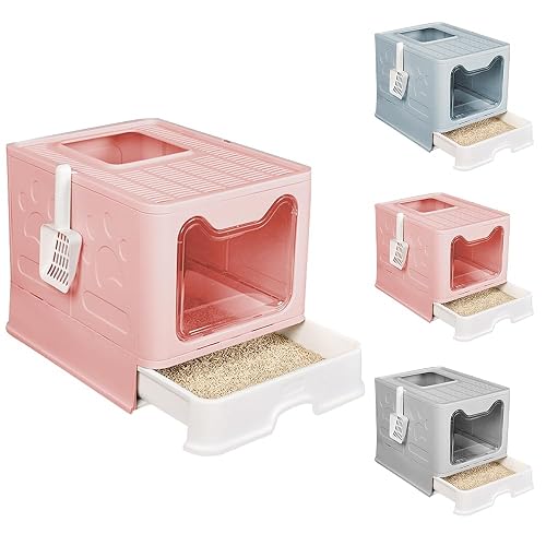 Arenero para gatos cerrado, gran caja de arena plegable con techo a abrir, bandeja y pala extraíbles