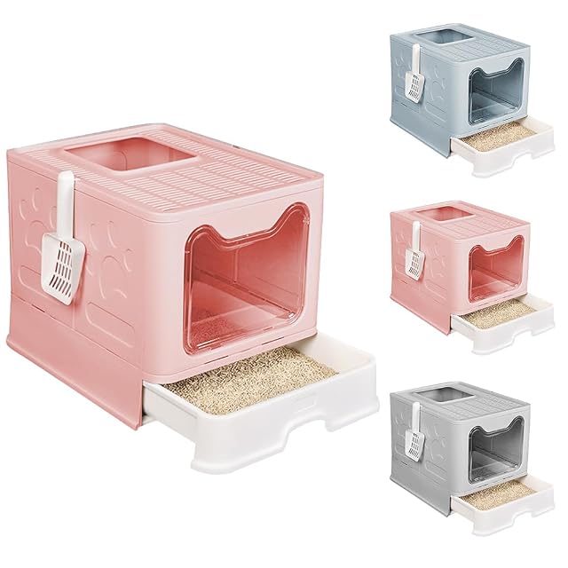 Arenero para gatos cerrado, gran caja de arena plegable con techo a abrir, bandeja y pala extraíbles