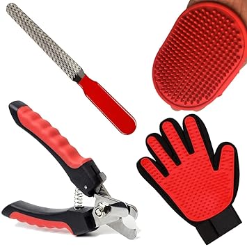 PSK PET MART Dogs Grooming Kit ? Nail Cutter with Filer, Soothing Dog Gloves and Grooming Deshedding Brush Glove for Puppy, Cat and Kitten ? Combo of 3