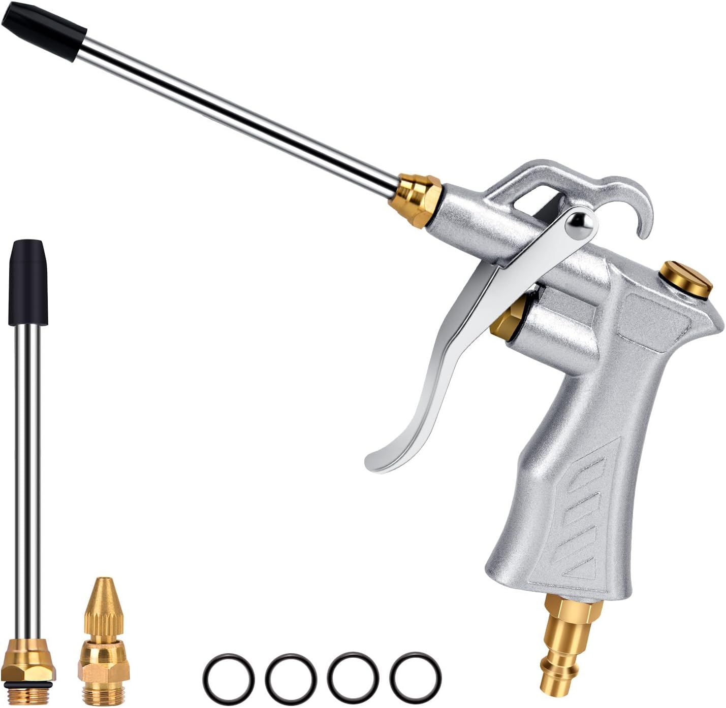 Professional Air Blow Gun with Copper Adjustable Air Flow Nozzle and 2 Steel Air flow Extension, Pneumatic Air Compressor Accessory Tool Dust Cleaning Air Blower Nozzle Gun