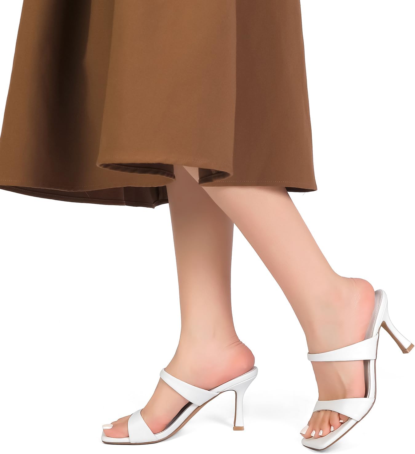 Kitten Heels for Women Two Strap Square Open Toe Mules Heels Slip On Mid Heeled Sandals - Image 5