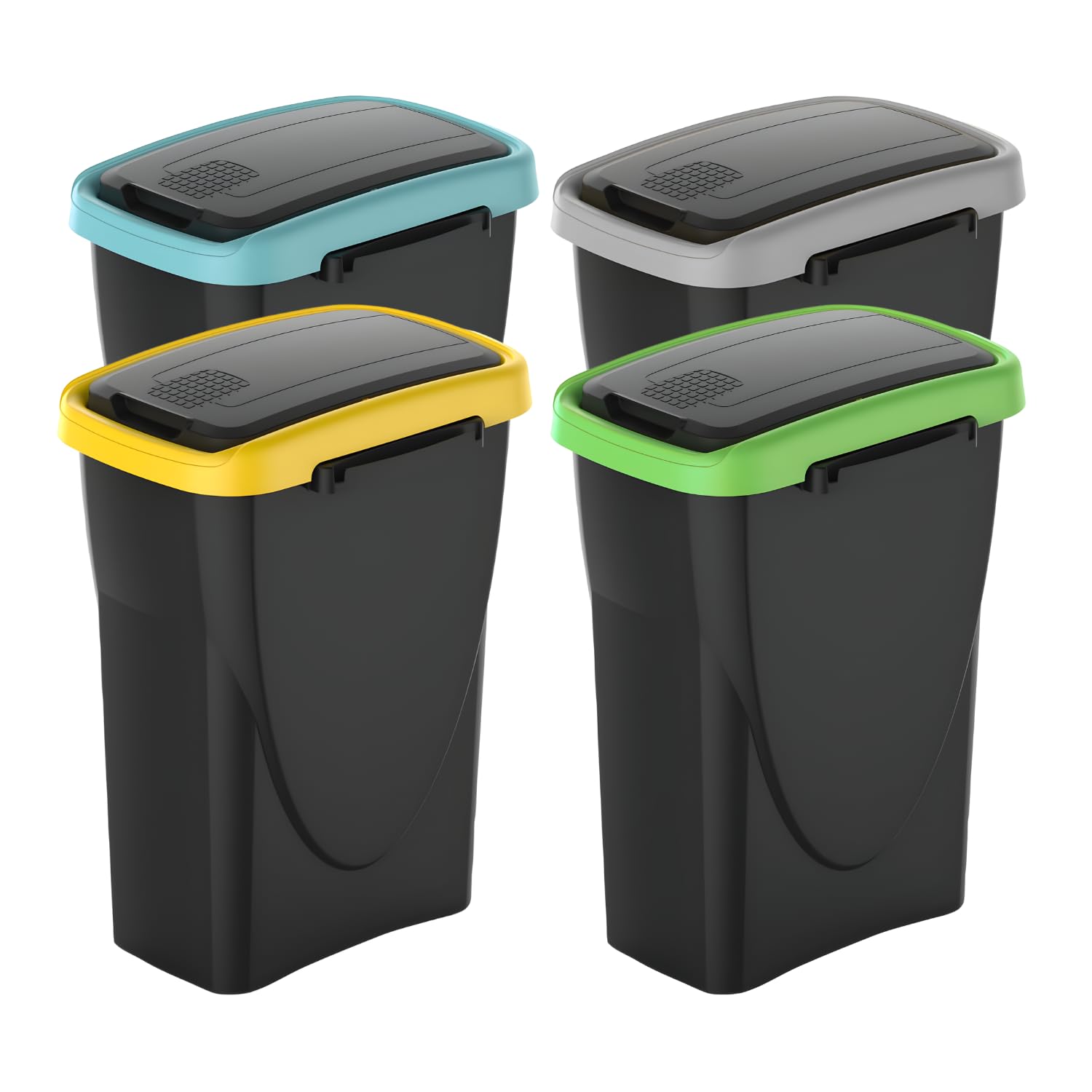 PALUPLUS Set 4 Pattumiere per Raccolta Differenziata da 25 Litri, Misura 24x37x51 cm, Secchi Neri Componibili con Coperchio Basculante, Dettaglio Verde, Giallo, Azzurro e Grigio -06C -4,4