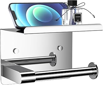GLNLQ Chrome Toilet Paper Holder Wall Mount, Fits Mega Rolls Size Sliver Toilet Paper Holder with Shelf, Rustproof Stainless Steel Toilet Roll Holder, Self Adhesive Toilet Paper Holders Chrome
