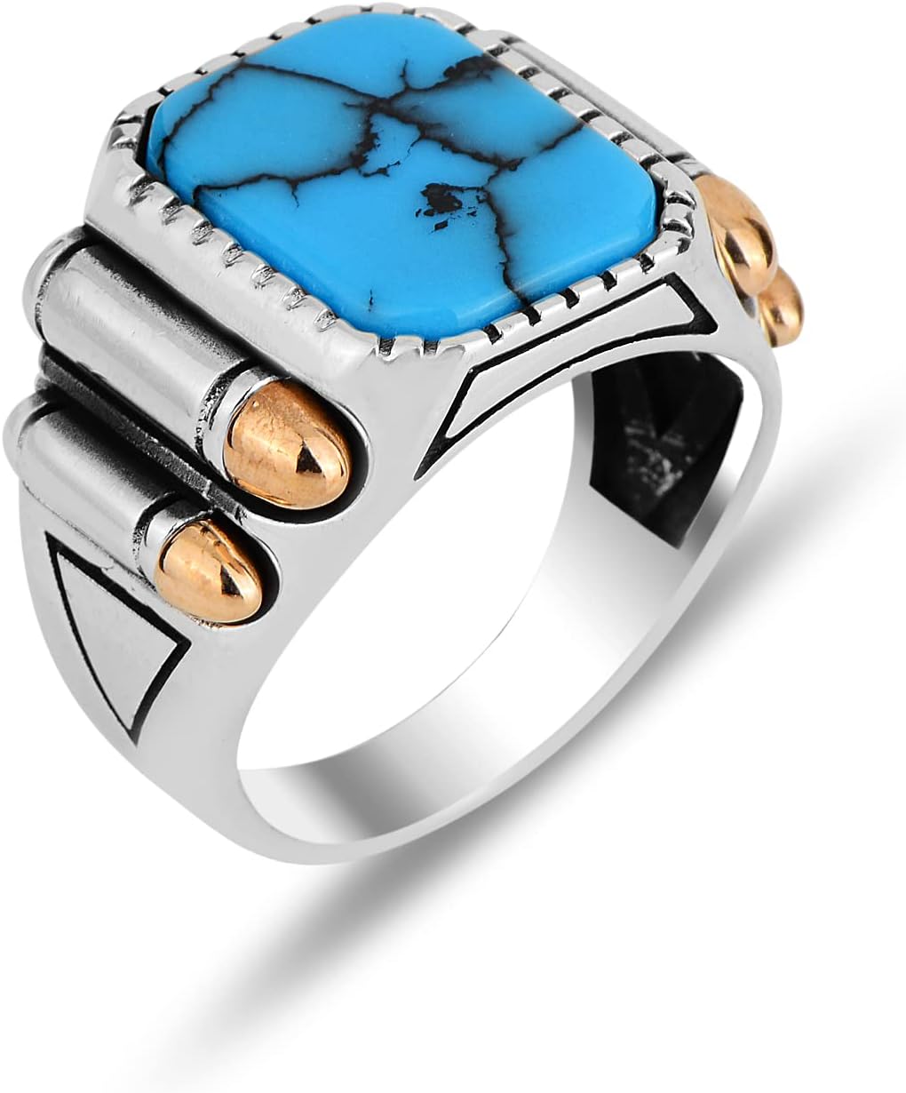 Men Handmade Square Turquoise Signet Silver Ring