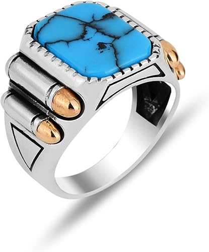 Men Handmade Turquoise Stone Ring, Silver Bullet Model Ring, Square Turquoise Stone Ring, 925k Sterling Silver Ring, Gift For Him