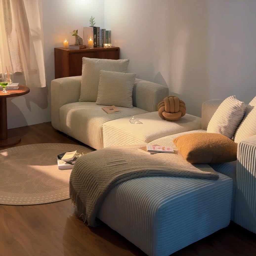 Acanva Corduroy Convertible Modular L Shaped Sectional Sofa, 4 Seater Free Combination Corner Couch, Convertible to DayBed, Wide Loveseat with Moveable Ottomans for Small Spaces, Sleeper Bed, White