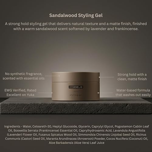 Miniatura 4 de HygieneLab Gel para el cabello para hombre, verificado por EWG, fijación fuerte, acabado mate, textura ligera, aroma de sándalo, fórmula limpia no