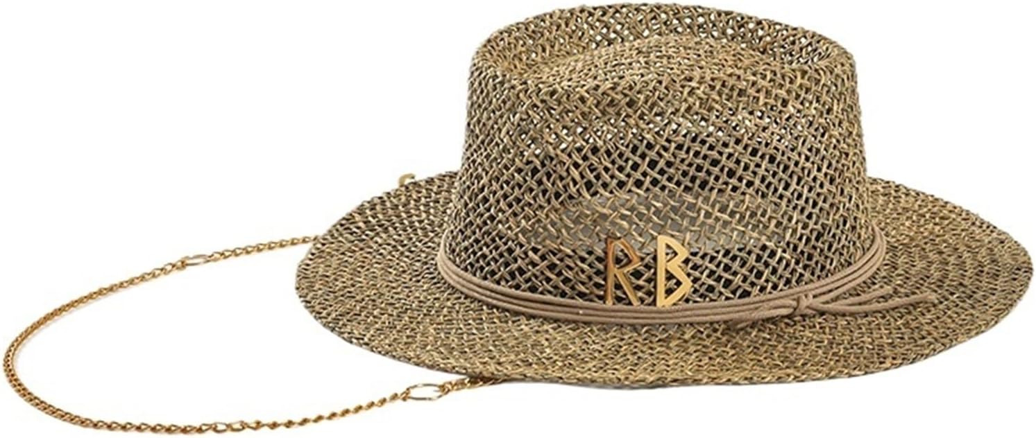 Retro European Style Straw Sun Hat Women Pin Embellished Letter Adjustable Metal Chain Lightweight Beach UV Protection