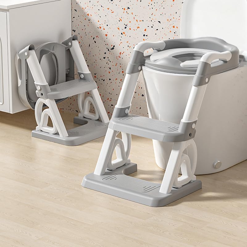 Asiento de inodoro para niños con escalera, entrenador de inodoro 2 en 1 con escalera, altura ajustable, cómodos asientos de inodoro seguros, escalera plegable para niños (gris, 2 en 1,30 x 28 x 49 cm