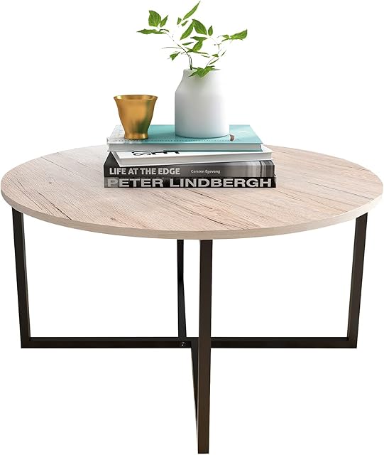 Small Coffee Tables for Kitchen Dining Room Creative Round Desk with Black Metal Legs Modern Coffee Tables for Living Room Black+White oak