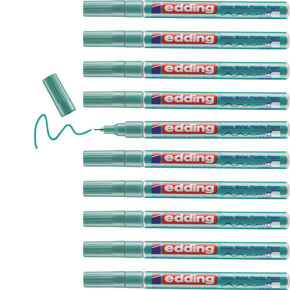 edding 780 Glanzlackmarker - grün-metallic - 10 Lackmarker - extra-feine Rundspitze 0,8 mm - Lackstift für Glas, Stein, Holz, Kunststoff und Papier - wasserfest, stark deckend, sehr dünn