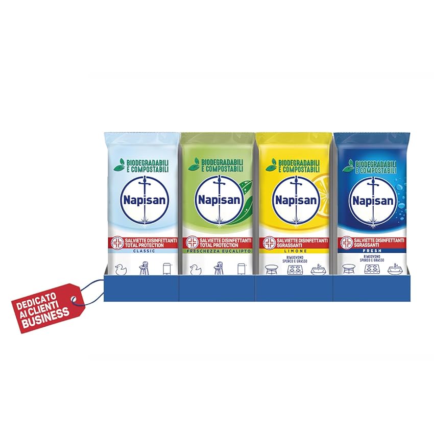 Napisan Cassa Mista Salviette Disinfettanti Multisuperfici Biodegradabili x40, 32pz, Total Protection - Classic 8pz e Freschezza Eucalipto 8pz, Sgrassanti - Limone 8pz e Fresh 8pz