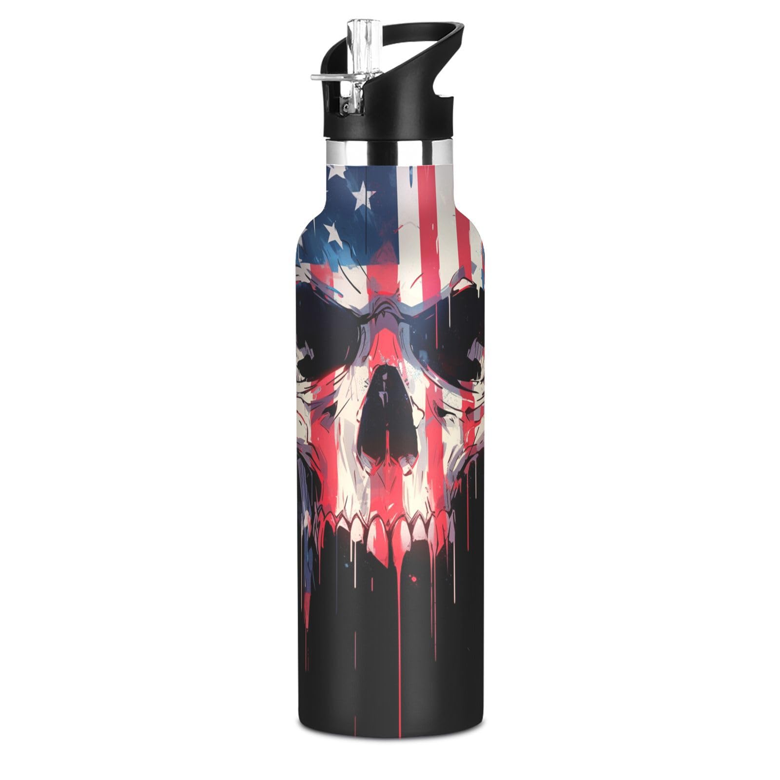 Kaaviyo Boys Pattern American Flag Skull Water Bottle Stainless Steel Jug Insulated Vacuum Cup For Girls(600Ml)