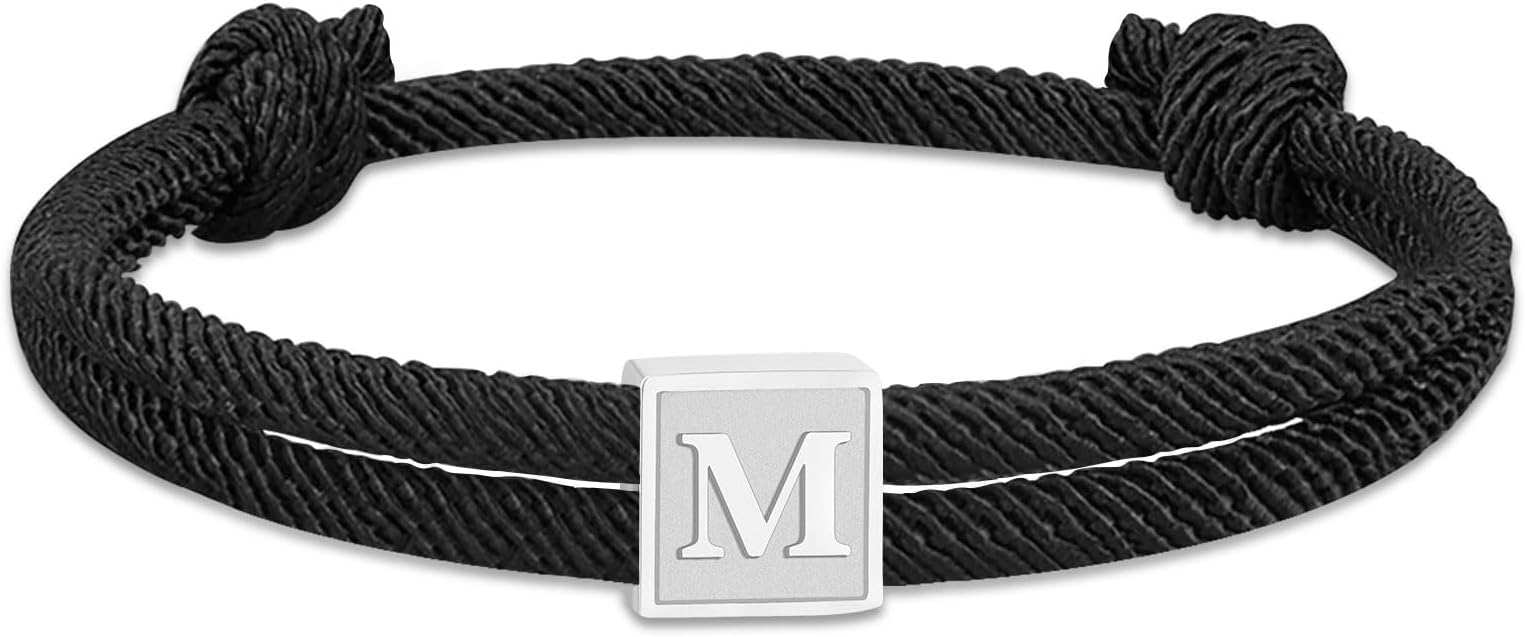 Graduation Gift for Him - Rope Initial Bracelet Gifts for Boys Men, Stainless Steel A-Z Letter Charm Handmade Braided Bracelet, Adjustable 7-13 Inches Jewelry