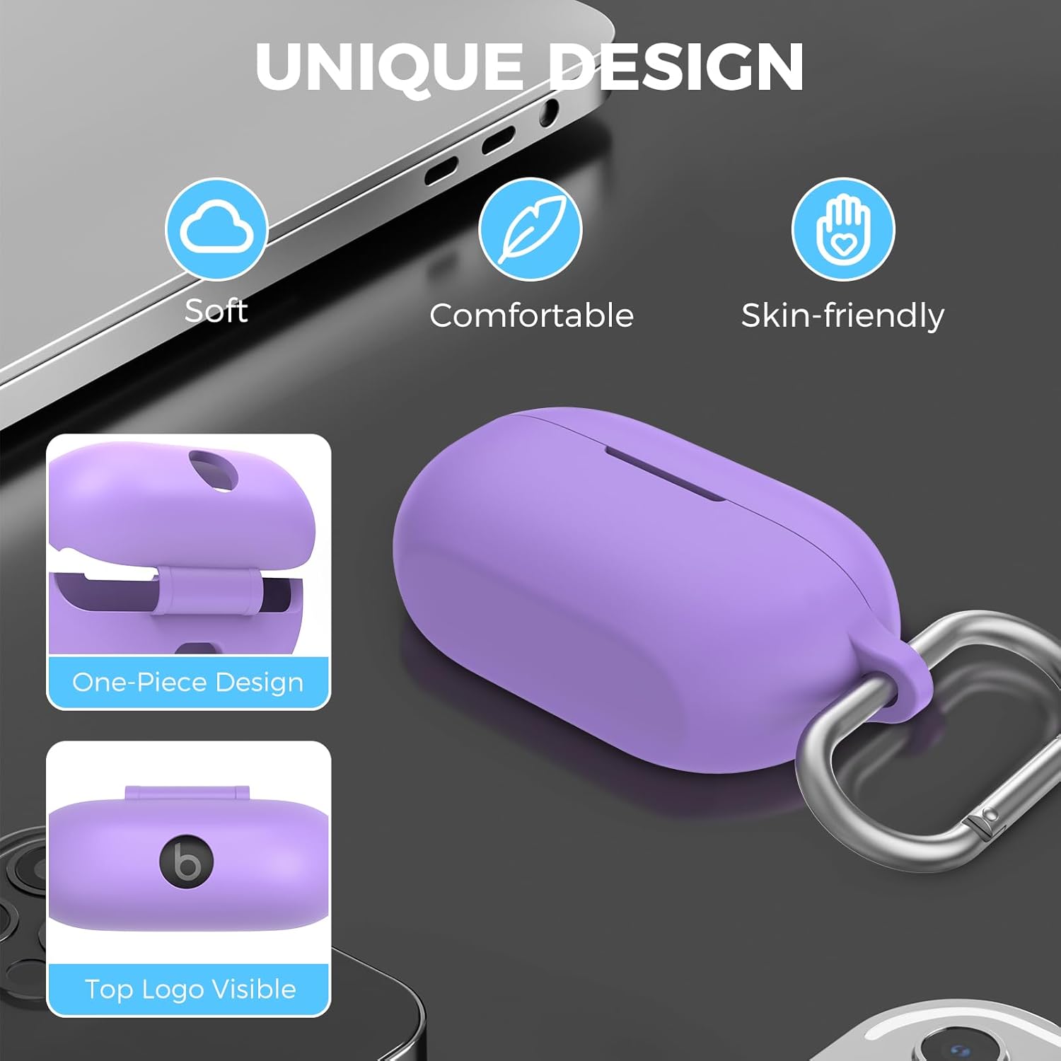 AhaStyle Silicone Case for Beats Solo Buds (2024) [Added Metal Carabiner] Shockproof Full Protective Skin Case Cover Compatible with Beats Solo Buds 2024 Wireless Earbuds (Lavender) - Image 6