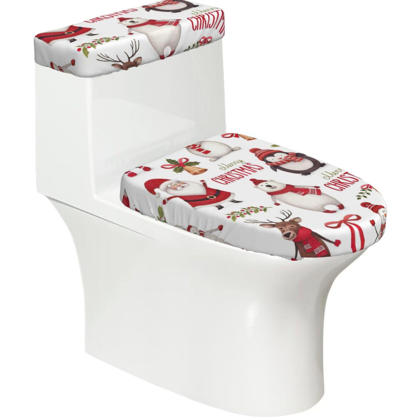 Christmas Santa Claus Printed Toilet Tank and Lid Cover Set of 2 for Most Bathrooms, Fits Elongated Round Toilets