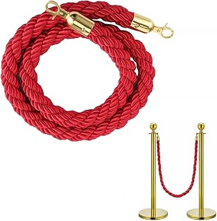 2ft 3ft 4ft 5ft 6ft 8ft Red Stanchion Rope, Movie Theater Decor Braided Rope, Crowd Control Barriers Twisted Rope for Hotel, Airport, Bank,Gold Hook-2.4m(8ft)