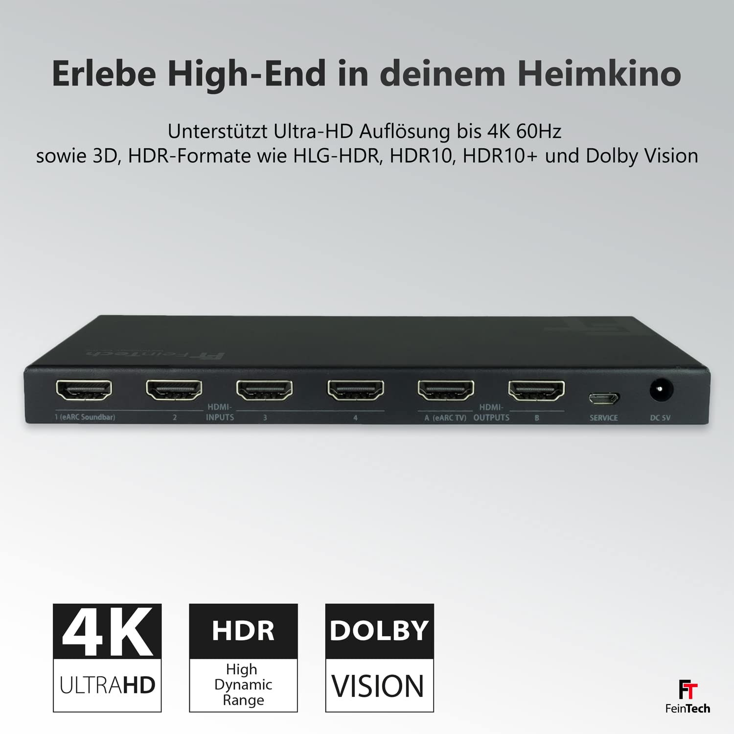 FeinTech VAX04201 HDMI eARC Pass Matrix Switch 4x2 für Soundbar und 2 Displays 4K 60Hz Dolby Vision Atmos