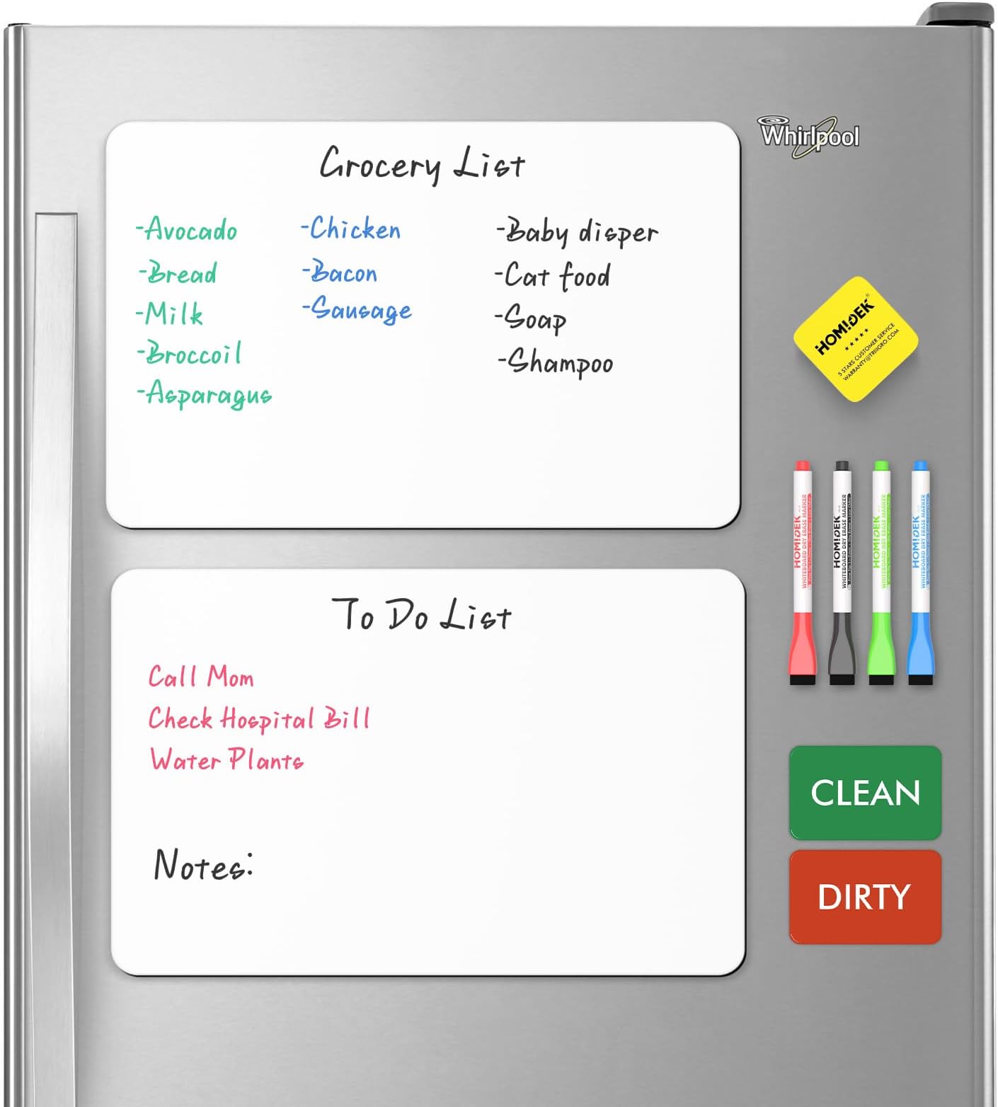 2 Sheets Magnetic Whiteboard Fridge Dry Erase Board: HOMiDEK Small Magnetic White Board for Refrigerator with Clean Dirty Magnet for Dishwasher, 4 x Markers, 1 x Eraser - 12" x 8"