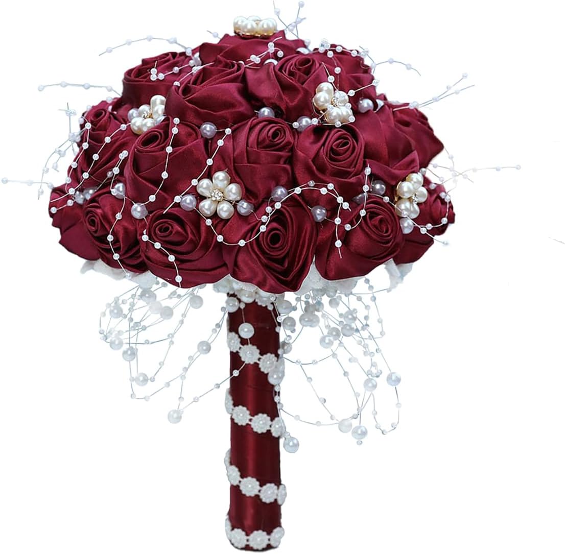 7.5 Inch Bridal Artificial Flower Bouquet with Pearls Satin Roses for Weddings Anniversaries Special Occasions