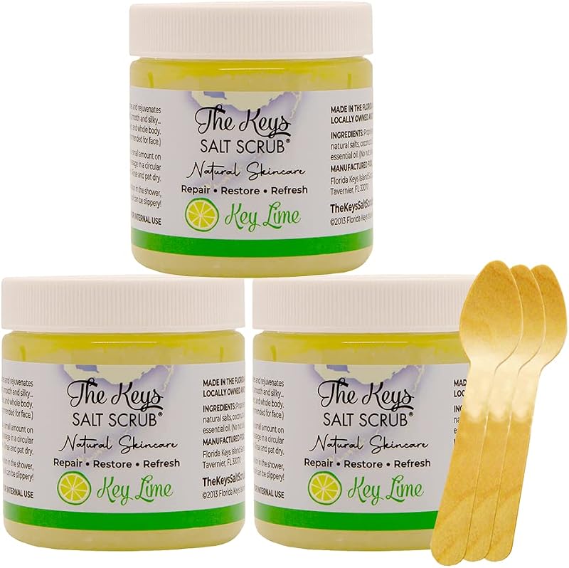The Keys Salt Scrub Esfoliante corporal de sal marinho com colher de madeira, Key Lime, Pacote com 3