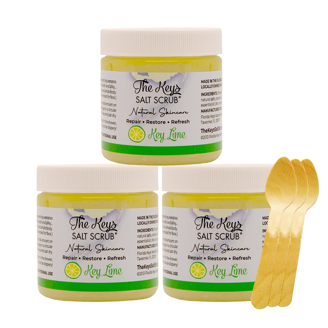 The Keys Salt Scrub -Sea Salt Scrub – Exfoliating Body Scrub with Wooden Spoon – Moisturizing Exfoliator for Hands, Foot, Bath, (Key Lime) (3.4 Fl Oz (Pack of 3), Key Lime)