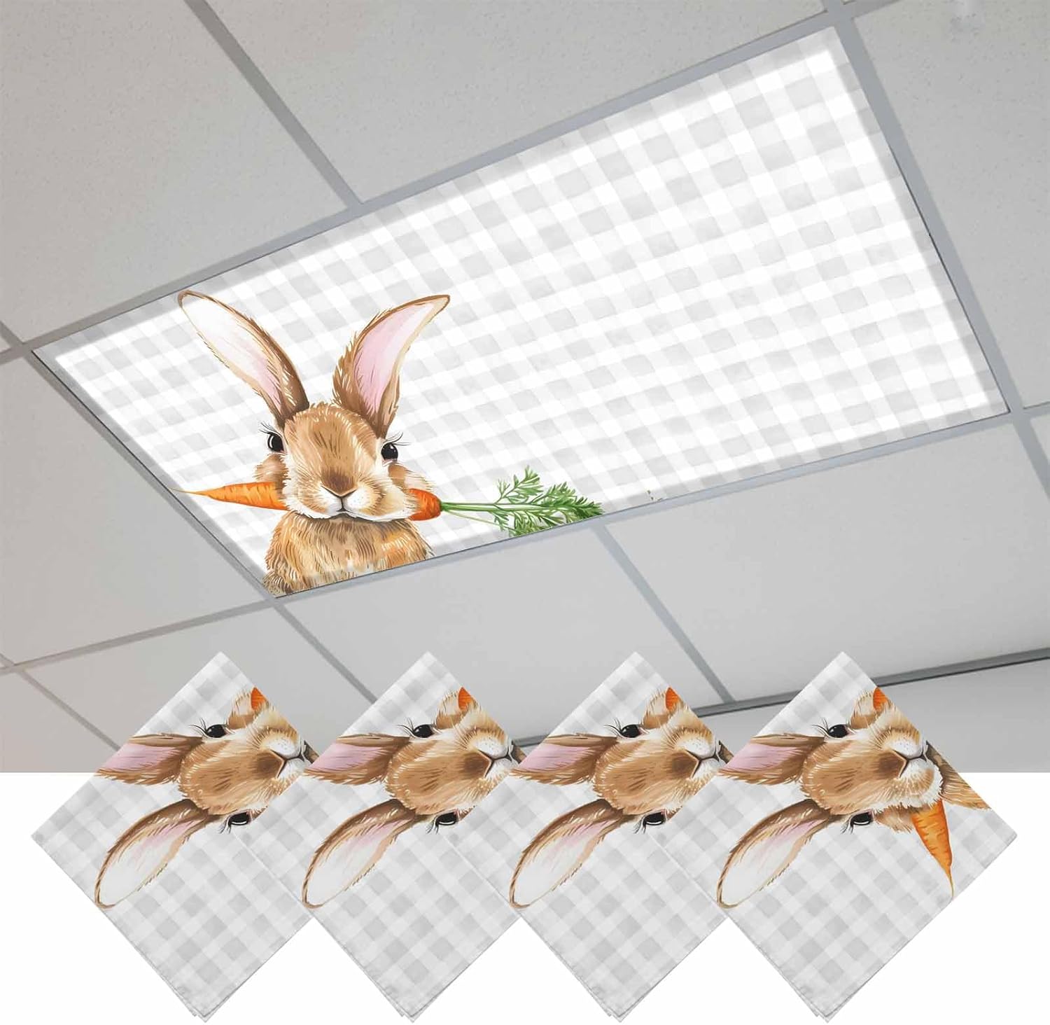 2x4 ft Fluorescent Light Cover for Ceiling Spring Easter Rabbit Carrot Magnetic Light Filters, Farm Animal Gray Buffalo Plaid Ceiling Lampshades for Home School Office 4Pcs
