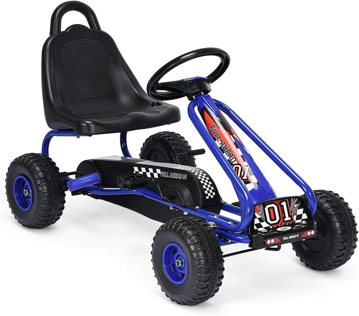 RELAX4LIFE Go Kart para Niños con Freno de Mano y Asiento Ajustable, Coche de Pedales con Ruedas Antideslizantes para Niños 3-6 Años, Carga 30kg (Azul)