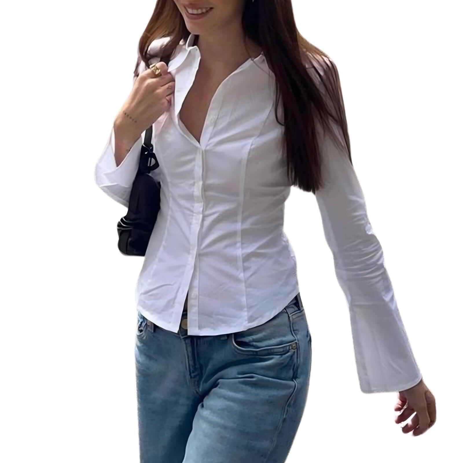 Women Y2k Plaid Button Up Shirt Vintage Long Sleeve Coquette Shirt Preppy V Neck Collared Blouse Aesthetic Work Tops Long Sleeve