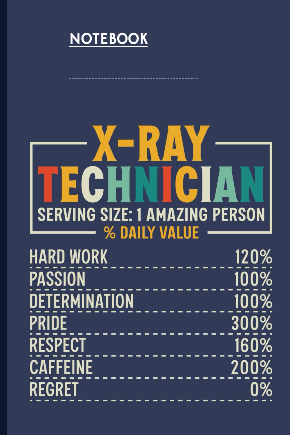 X-Ray Technician Nutrition Facts With Funny Daily Value Chart Illustration On Dark Navy Cover: Notebook