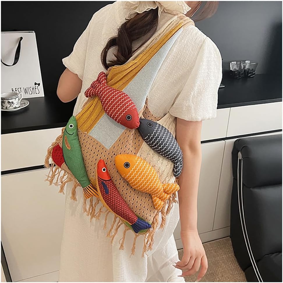 Cute 3D Fish Knitted Hobo Bag for Women, Bohemian Fringe Beach Shoulder Bag Large Capacity Hobo Handbag
