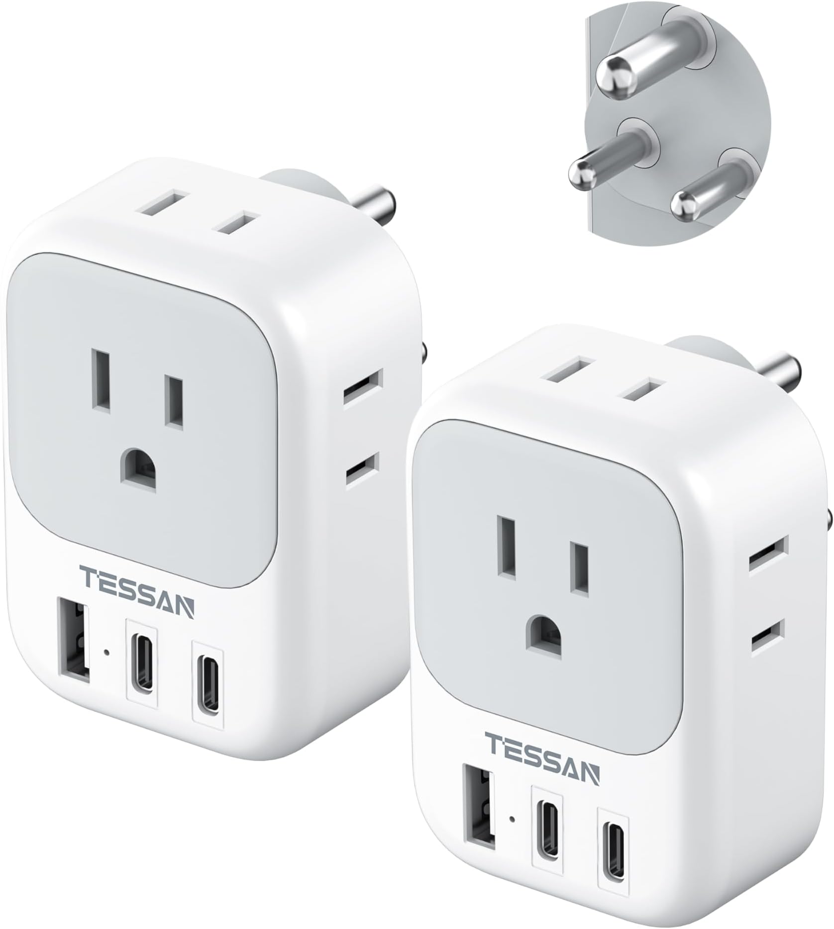 TESSAN US to India Plug Adapter 2 Pack, Type D Power Adapter with 4 AC Outlets 3 USB Charging Ports, Travel Adaptor for US to India Bangladesh Maldives Nepal Pakistan
