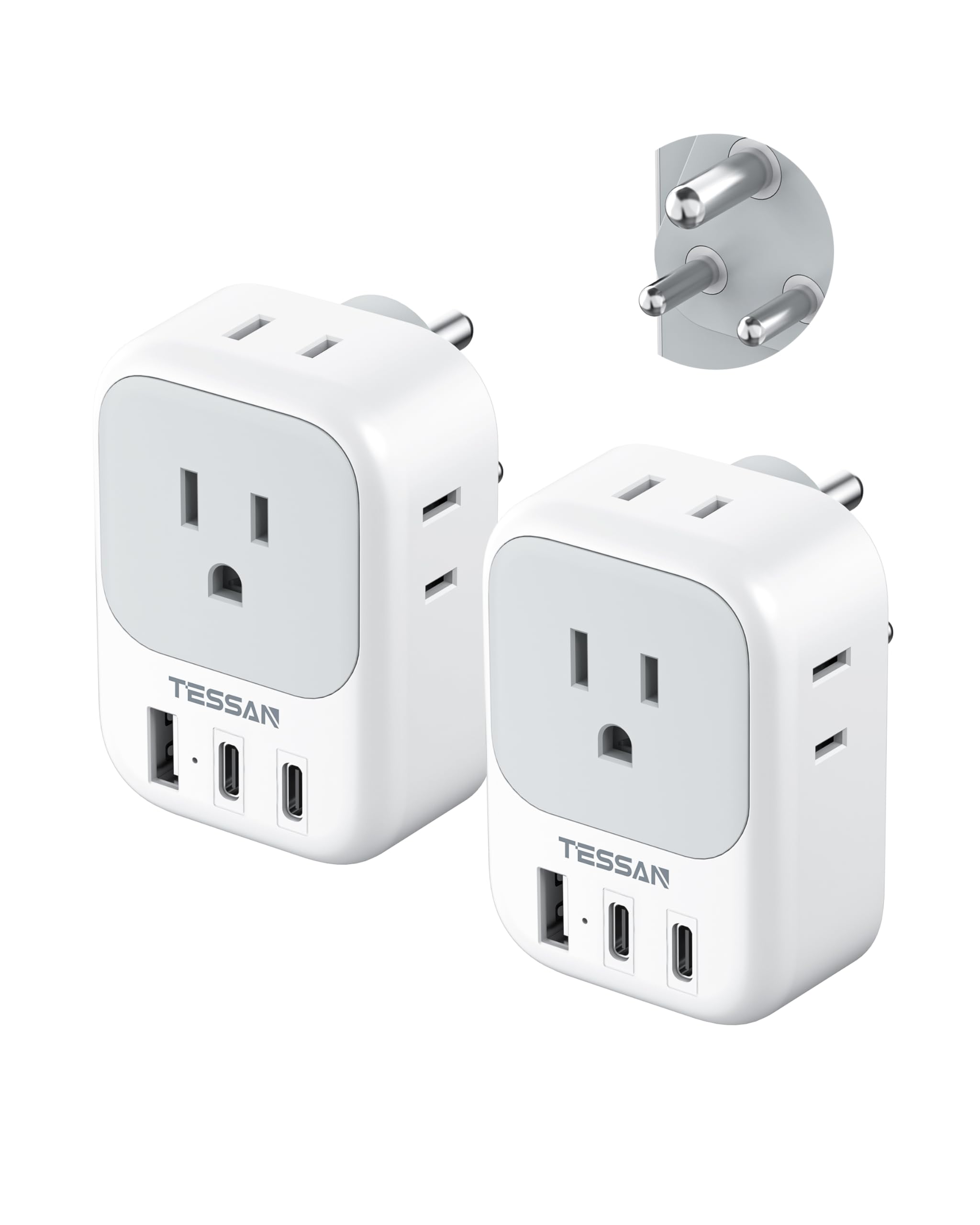 US to India Plug Adapter 2 Pack, TESSAN Type D Travel Adapter with 4 Outlets 3 USB (2 USB-C), Power Adaptor for US to India Nepal Maldives Pakistan Bangladesh Sri Lanka Bhutan Yemen