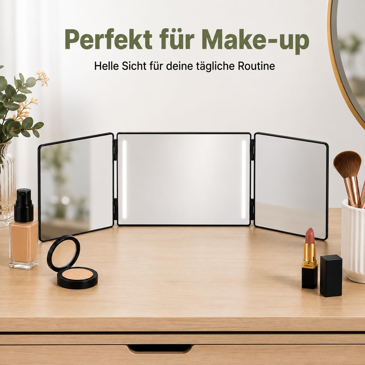 Self Cut LED Beleuchtet Haarspiegel 360° Drehbare Triptychon Design Hängend für Tür Selbst Schneiden Make-up Rasieren Kompakt Faltbar 100470