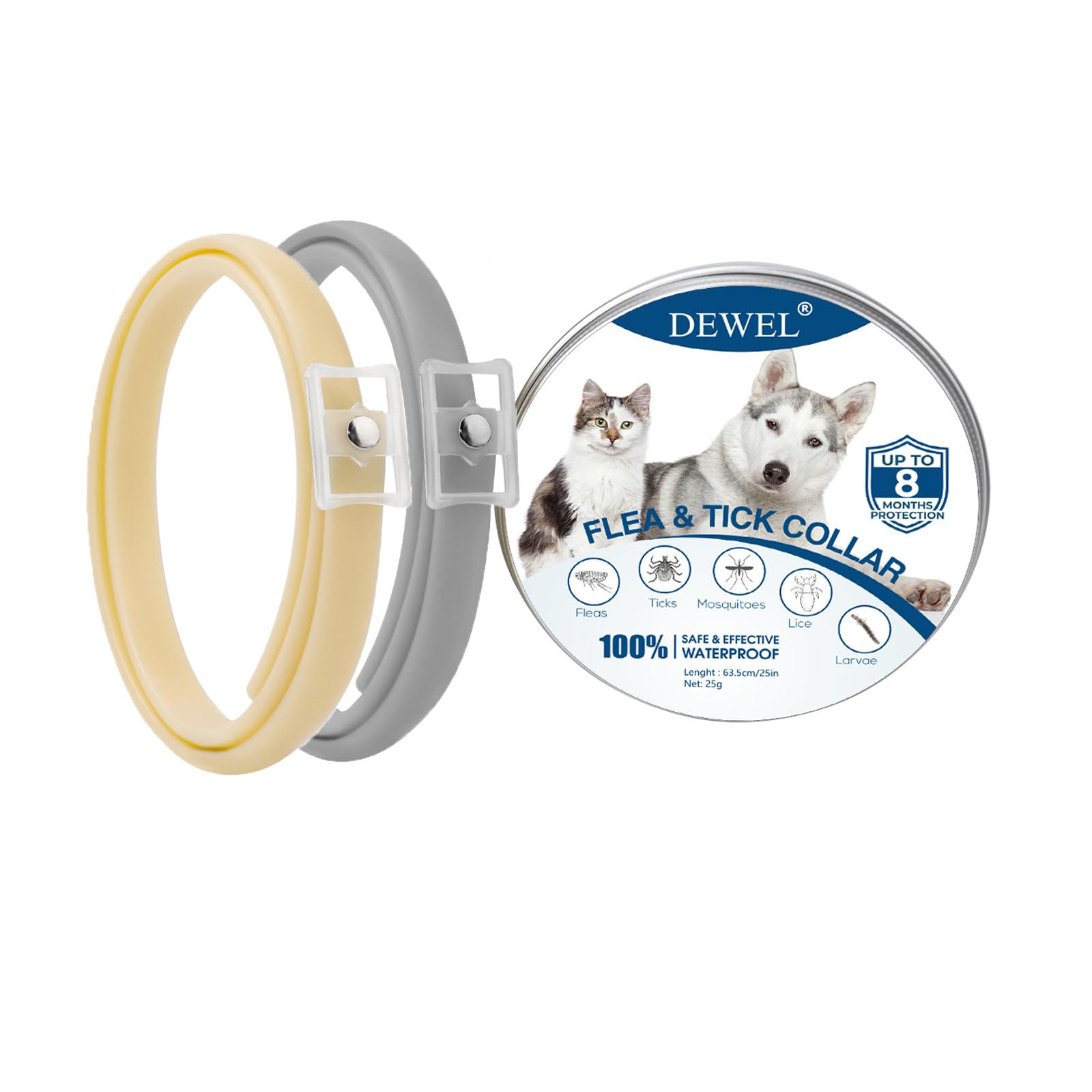 DEWEL Collares Antipulgas, Set de 2 Collar Antiparasitario Protege Mascotas de 8 Meses, Collar contra Pulgas y Garrapatas 63,5 cm para Perros Grandes Medianos Pequeños y Gatos Gris y Beige