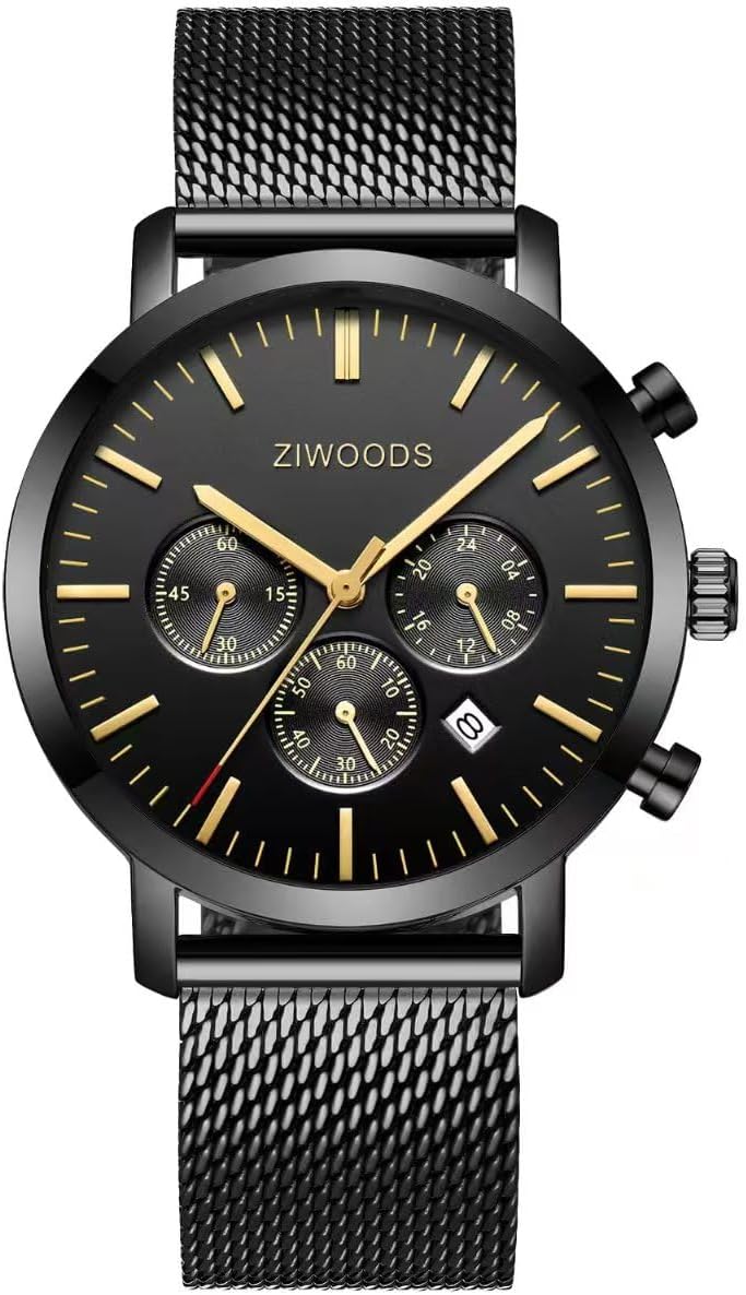 Chronograph Watches for Men, Fashion Sleek Minimalist Quartz Analog Mens Watches, 45mm Black Dial, Stainless Steel Mesh Strap, Calendar Display, 30M Waterproof, Sport, Casual, Busniess, ZWS001