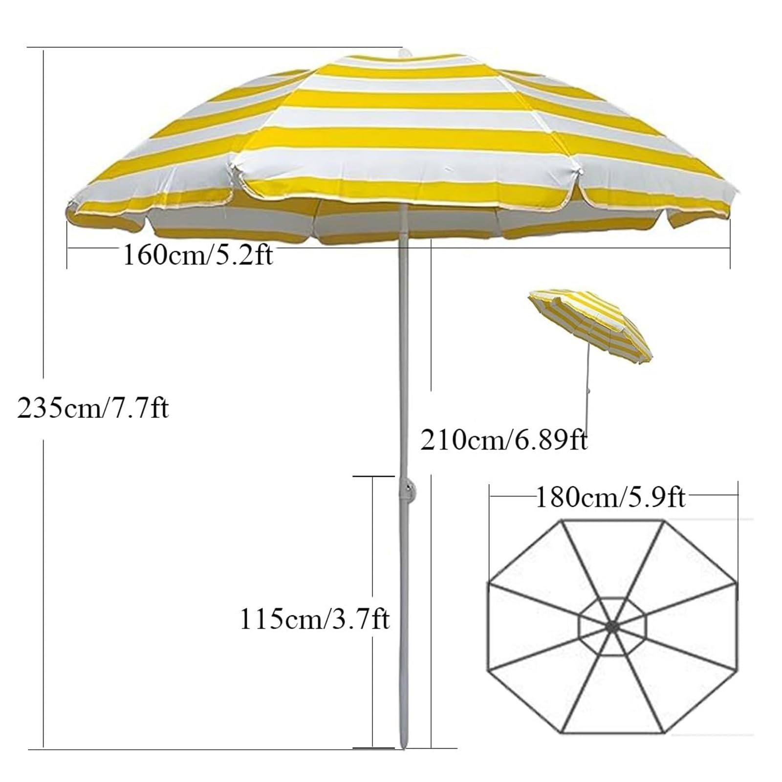 Przenośny Parasol Tarasowy, Parasol Plażowy w Paski, Regulowane Lekkie Małe Parasole Plażowe na Piasek, Regulowana Wysokość, Przeciwsłoneczny Wodoodporny, do Ogrodu, Basenu