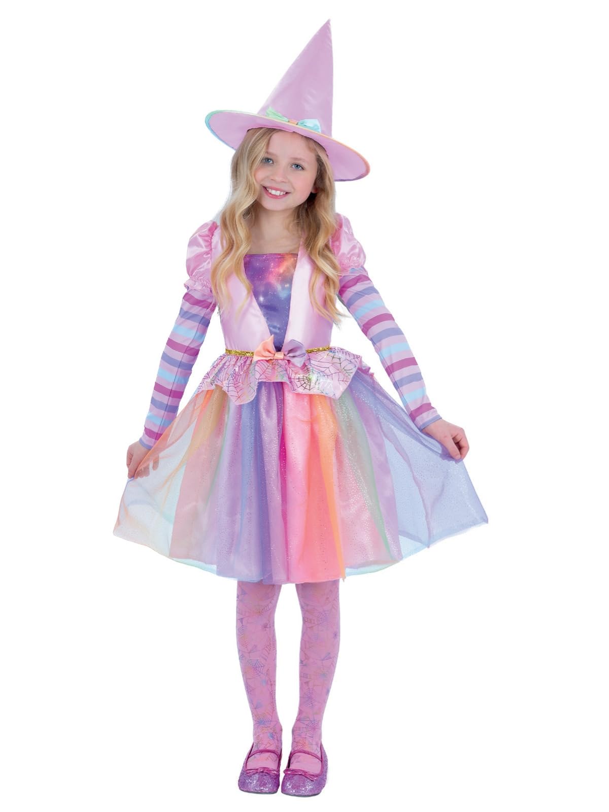 Smiffys Pastel Rainbow Witch Costume with Dress, Hat & Tights, Halloween Child Fancy Dress, Halloween Dress Up Costumes, Age 7-9