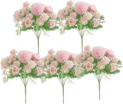 5 Pcs Simulation Rose Flowers Combination Bouquets for Home Party Office Wedding Meeting Reception Table Decoration,High-end Lifelike Artificial Hydrangea Flowers Decor Pack[Rose-Lighte Pink]