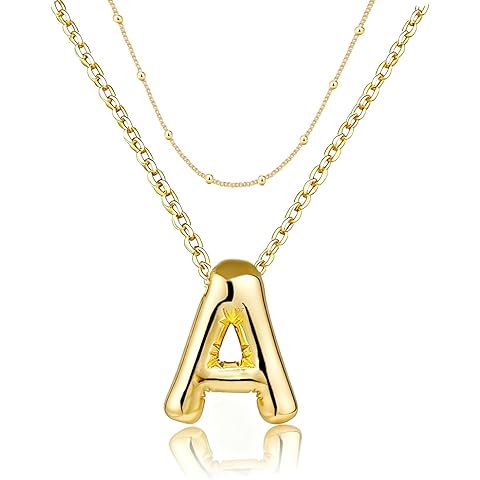PANSHI Gold Initial Necklaces ���������� for Teens Women, Teen Gifts Trendy Layered Bubble Letter Necklace Jewelry Birthday Gifts for Teens Women Teenage