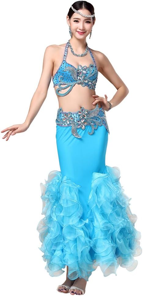 Belly Dance Costume,Beaded Top Bra,Belt and Scallop Wrinkle Skirt 3pcs