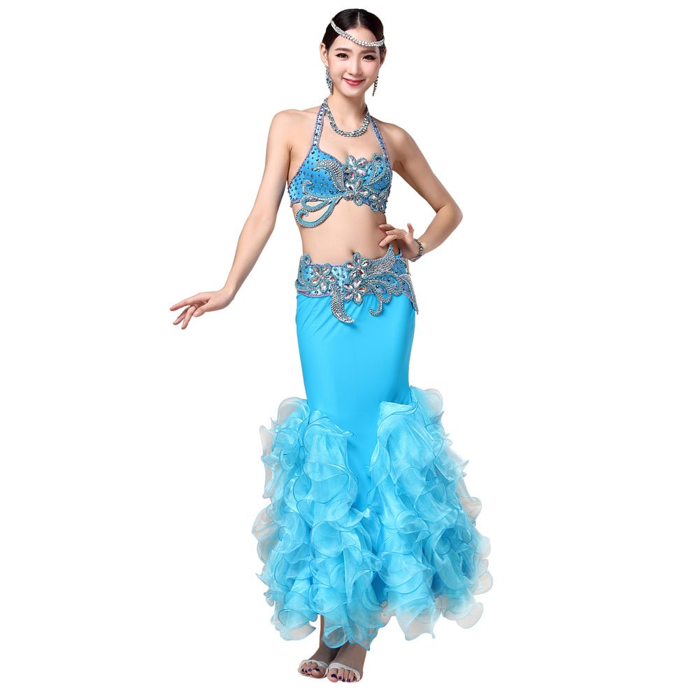 Belly Dance Costume,Beaded Top Bra,Belt and Scallop Wrinkle Skirt 3pcs