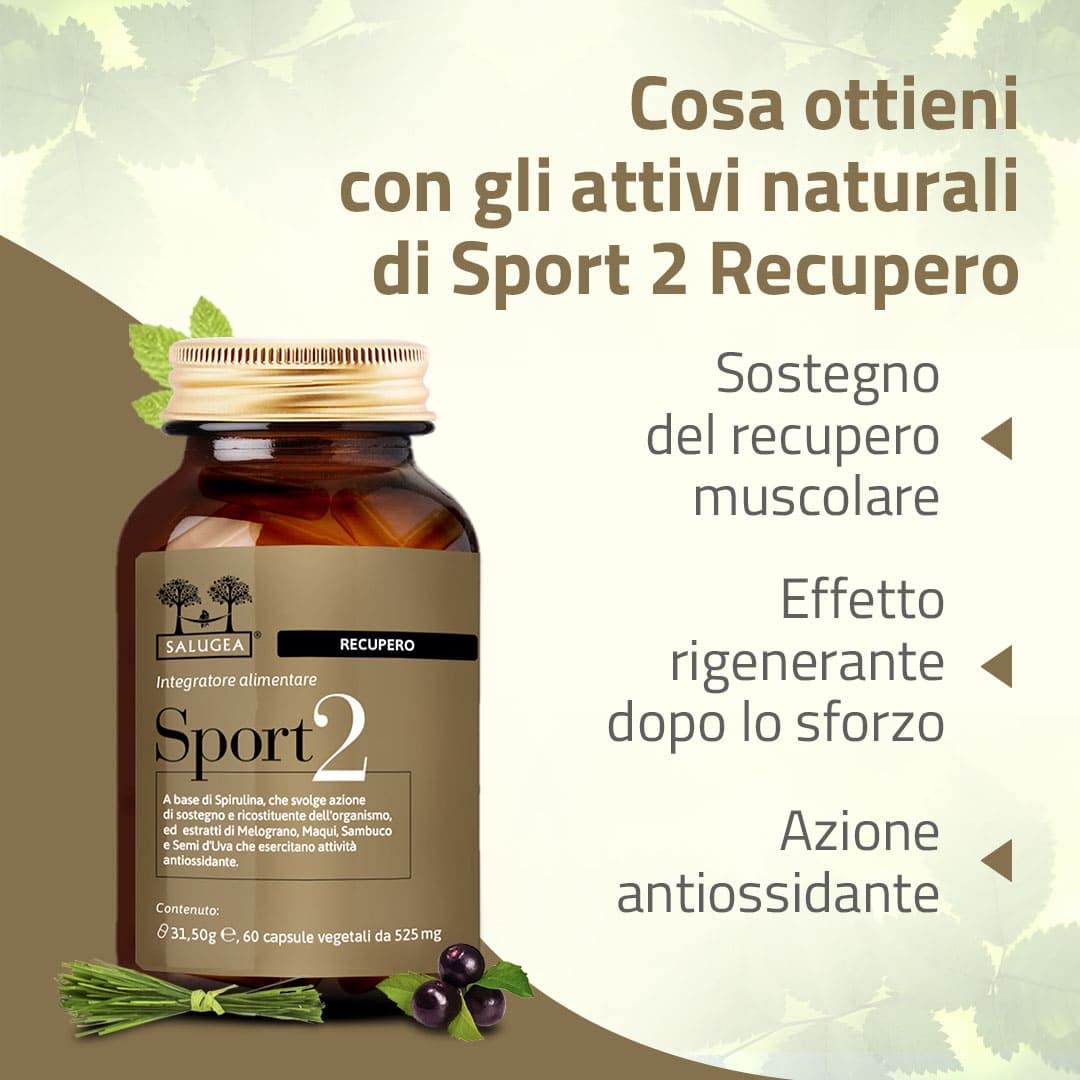 Sport 2 Recupero Salugea - Integratore per il Recupero Energetico e Muscolare Post-Allenamento - 100% Naturale con Spirulina, Melograno, Sambuco, Maqui, Semi D'Uva - No Caffeina-60 capsule vegetali