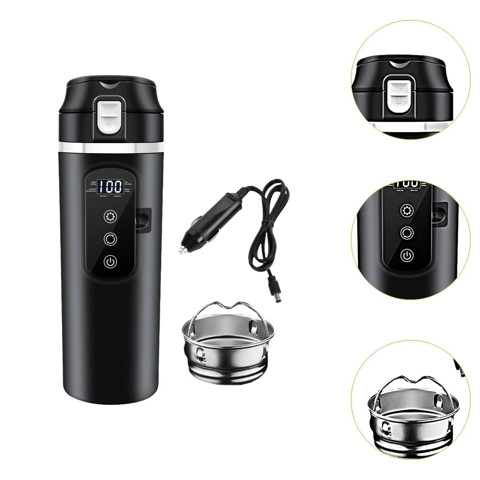 12V/24V Auto Wasserkocher, Reise Wasserkocher mit Isolierter Tasse Zum Heizen für Familie, Auto Und Schule, Schwarz